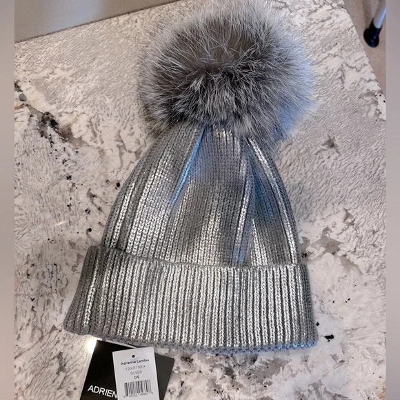 Adrienne Landau Metallic Beanie with Pom Pom Adrienne Landau Metallic Beanie W/ Faux Fur Pom In Rose Gold  main image 4